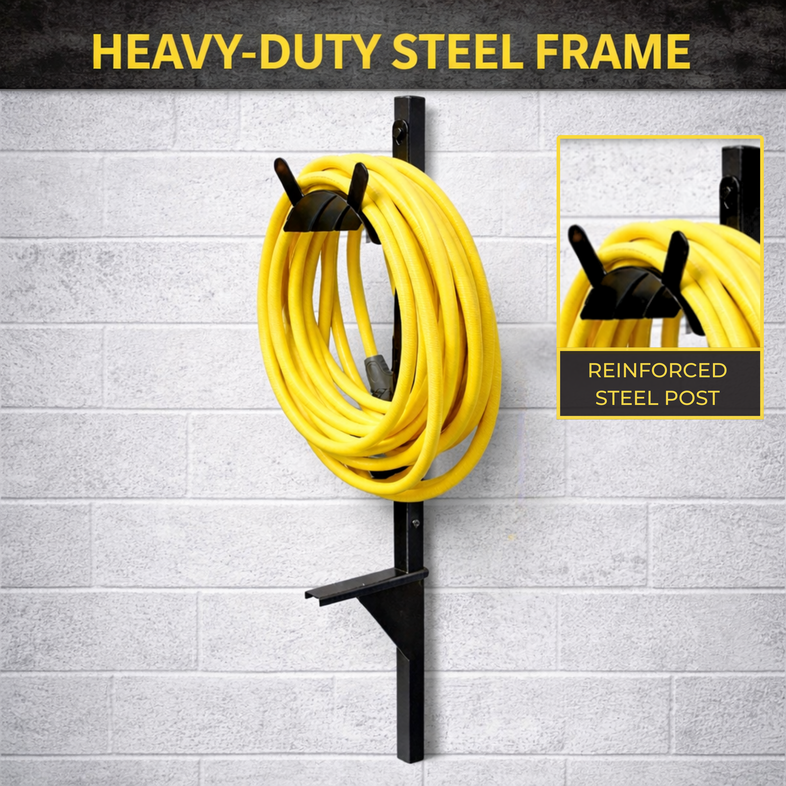 Outdoor steel hose hanger mounted on post with capacity for 125 ft of garden hose