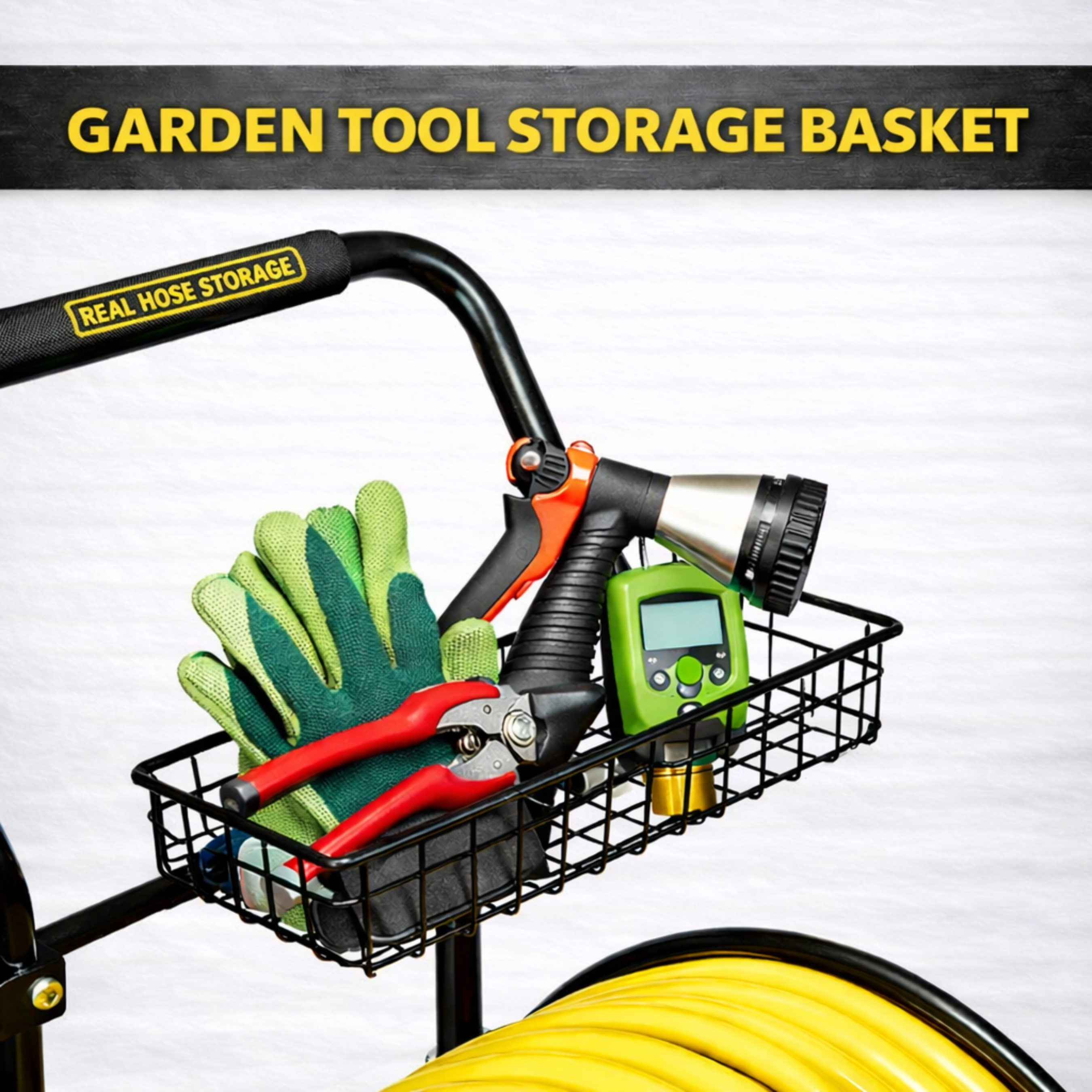 Residential and commercial hose cart with two wheels and 300 ft garden hose capacity