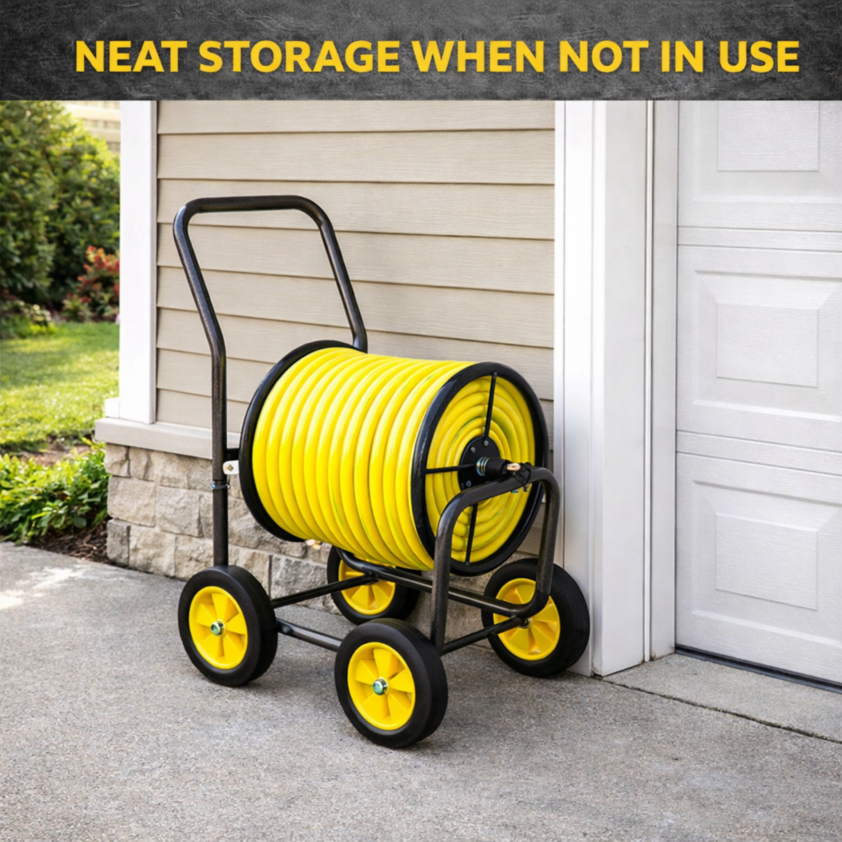 four-wheel metal hose reel cart with steel construction and large outdoor wheels for garden use