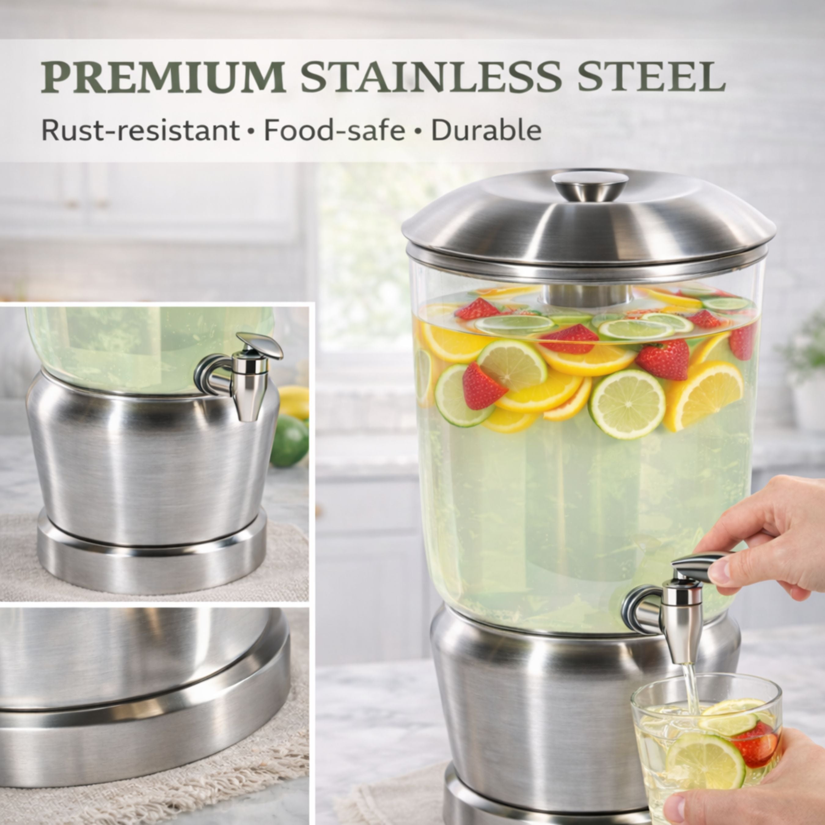 Stainless steel drink dispenser with fruit slices, surrounded by close-ups and text highlighting features.