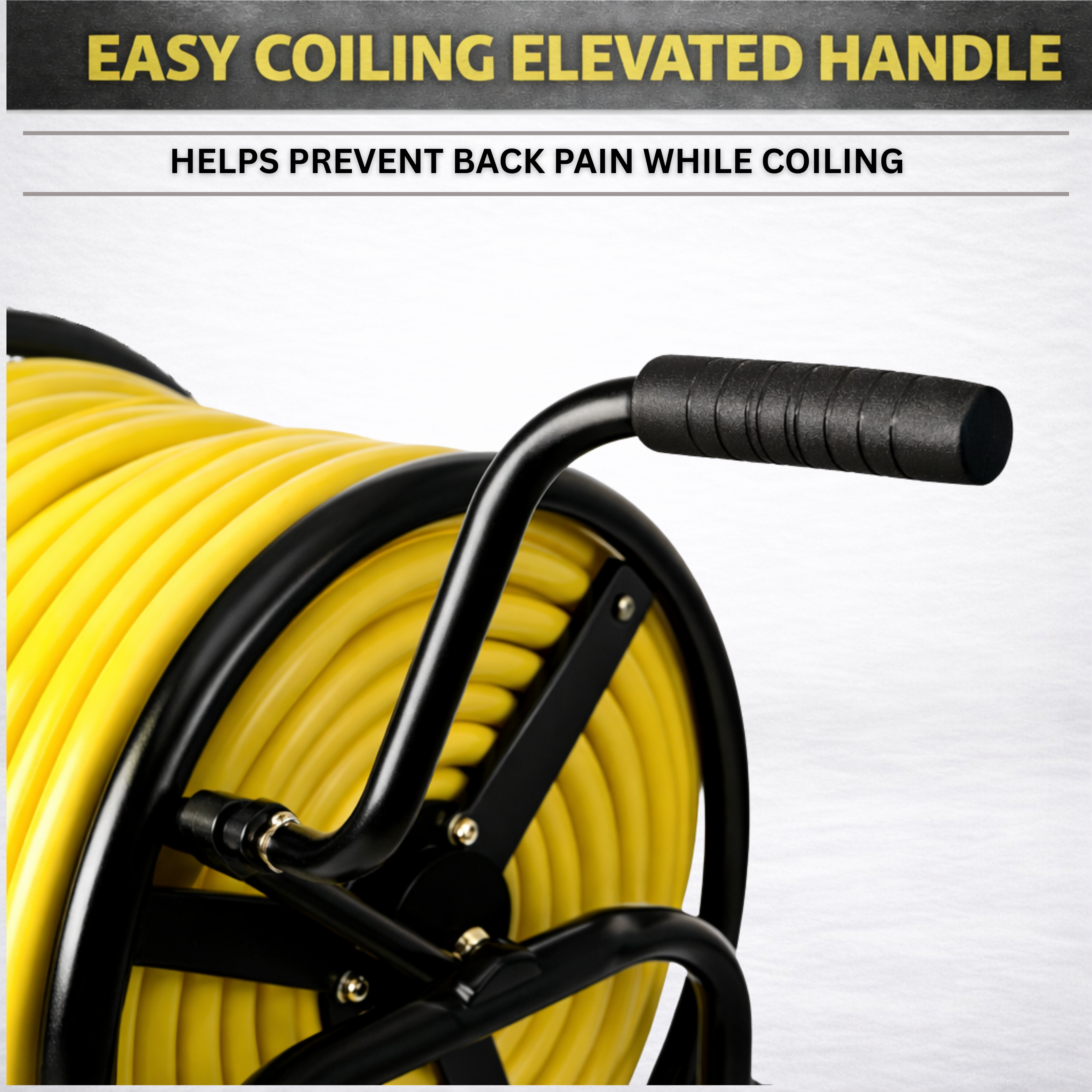 Industrial-duty metal hose reel cart with four wheels and 400 ft hose capacity for heavy outdoor use