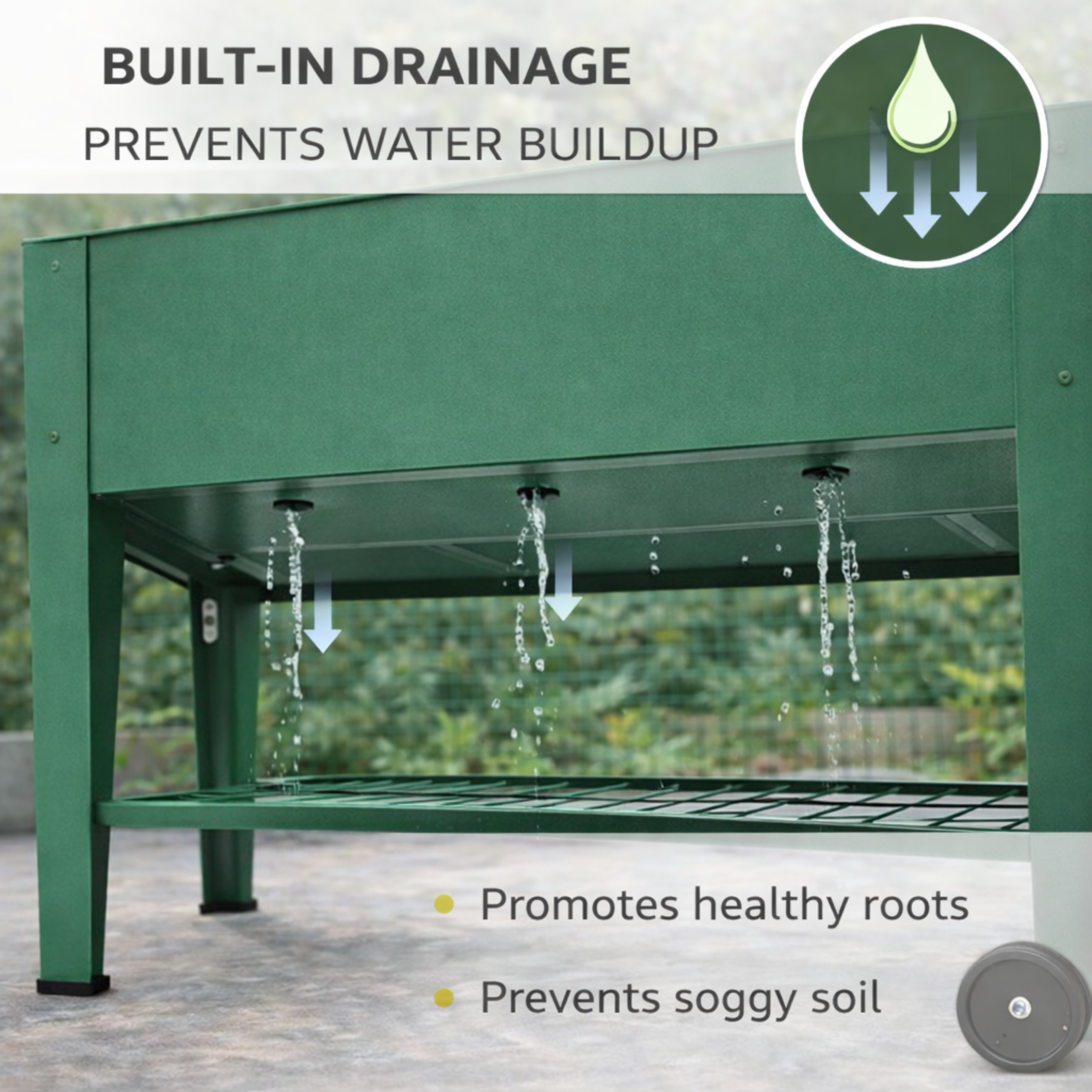 Mobile metal raised garden bed with wheels on a backyard deck