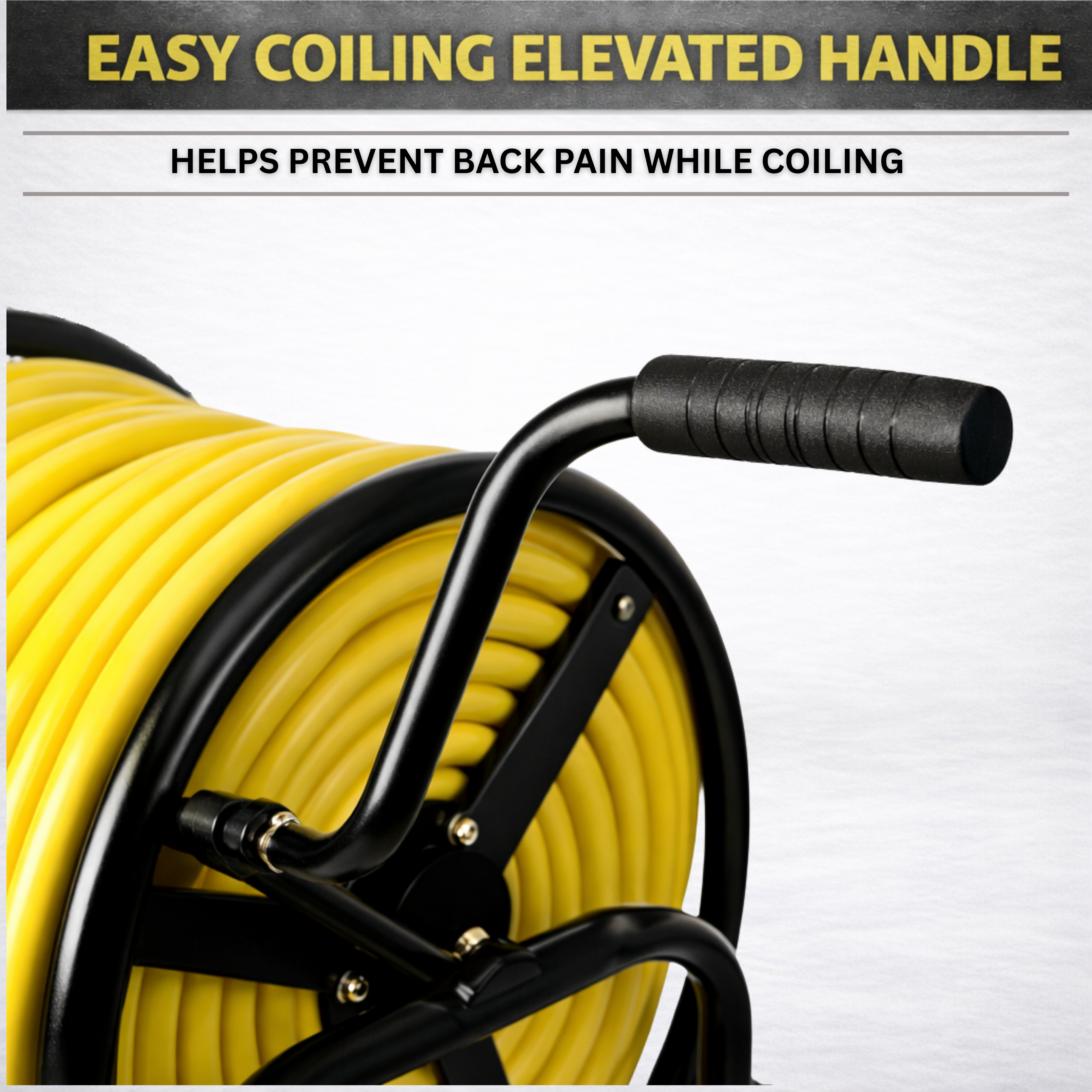 Rolling hose reel cart with 4 wheels and elevated handle designed to prevent bending while in use