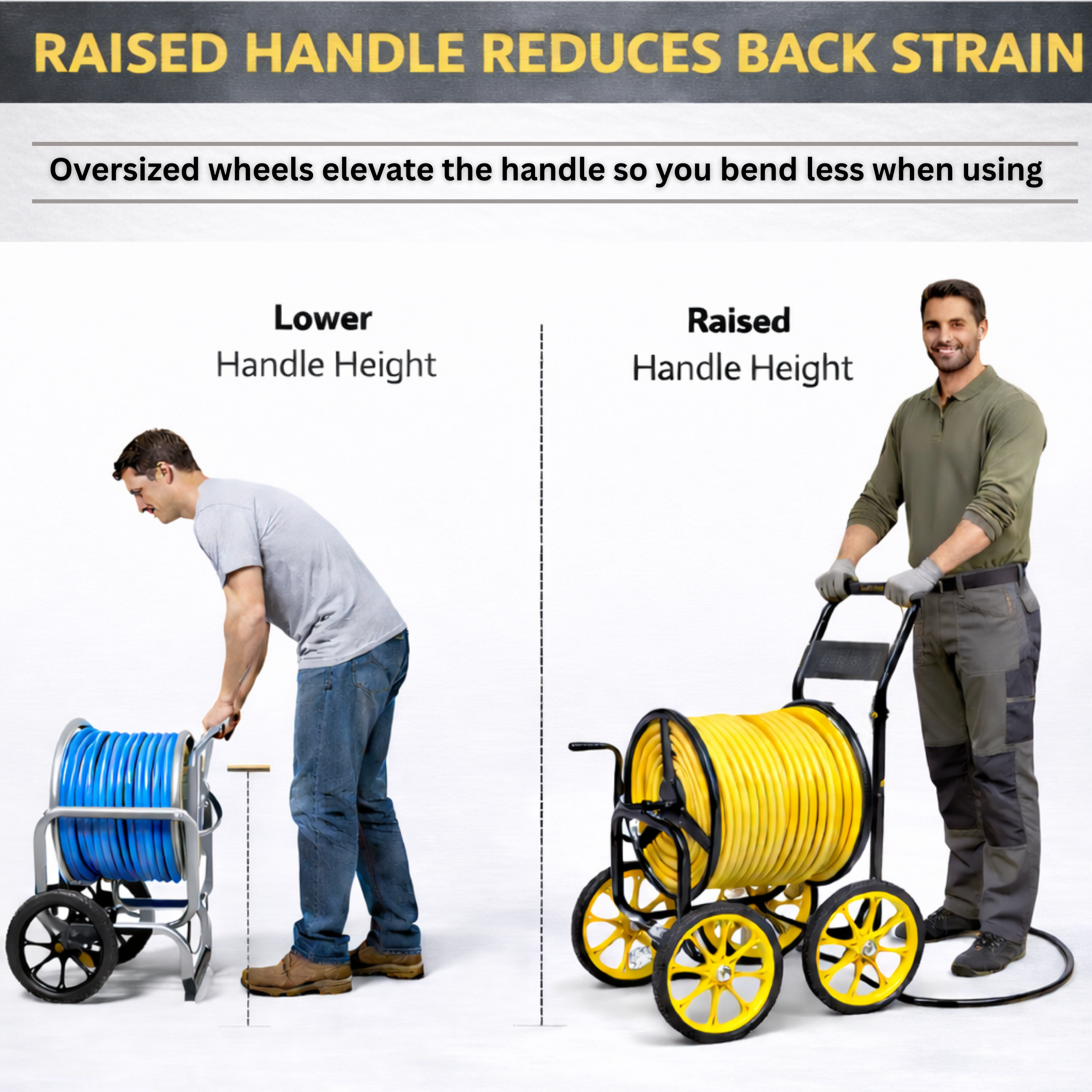 Commercial-grade hose reel cart with 4 wheels, high hose capacity, and back-friendly handle height