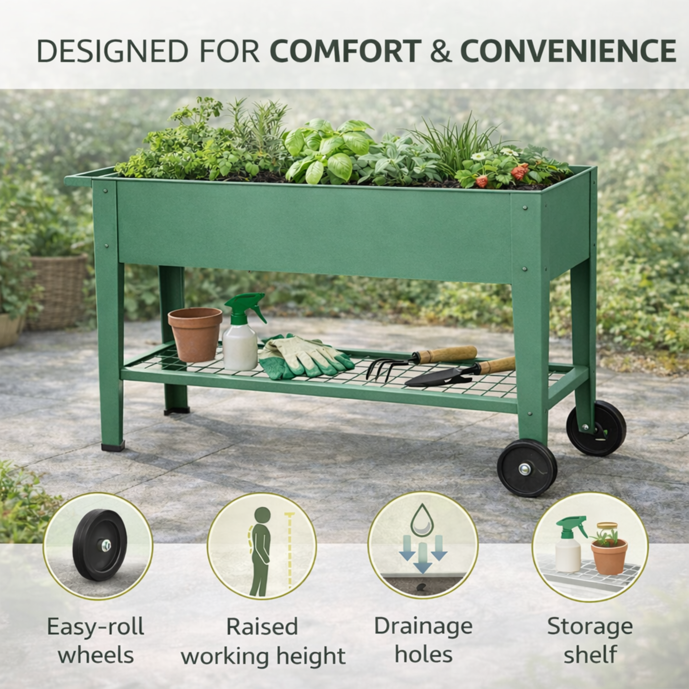 Steel elevated garden planter with wheels for patio gardening