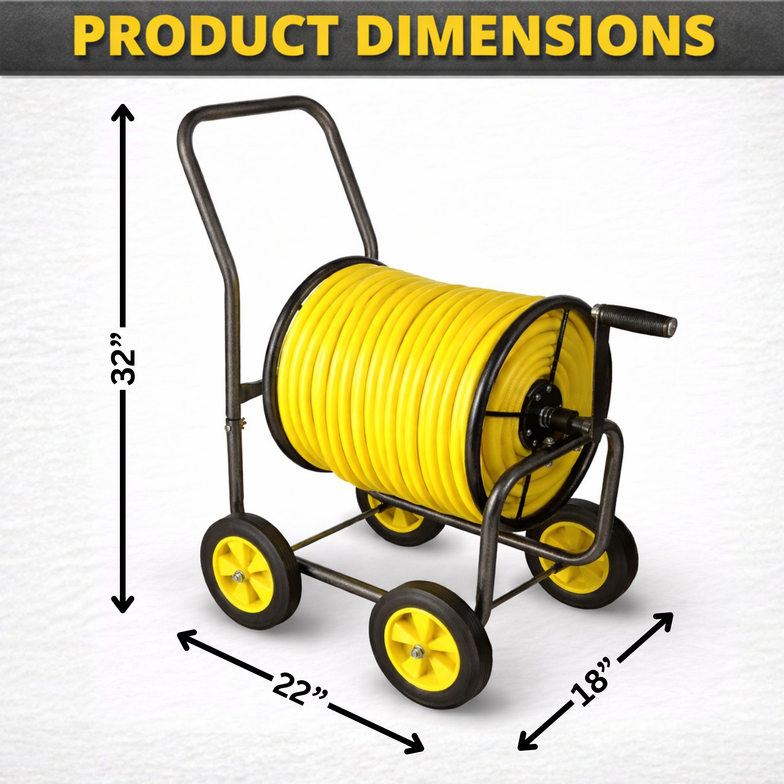 Metal hose reel cart with elevated handle and four-wheel base for easy maneuvering