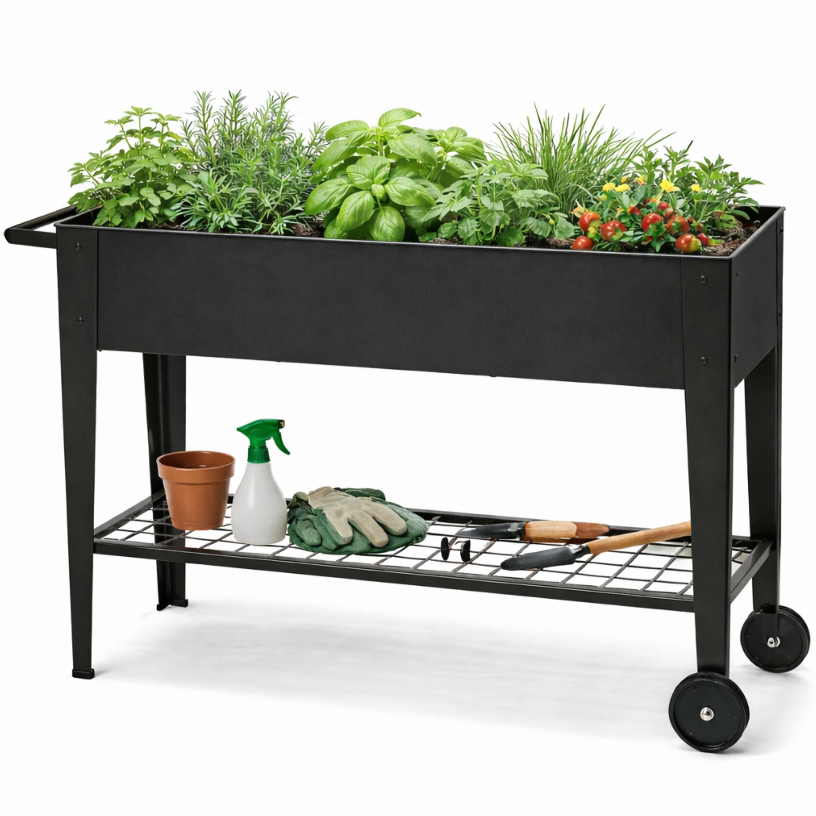 Black metal garden cart with plants, tools, and gardening supplies on a white background