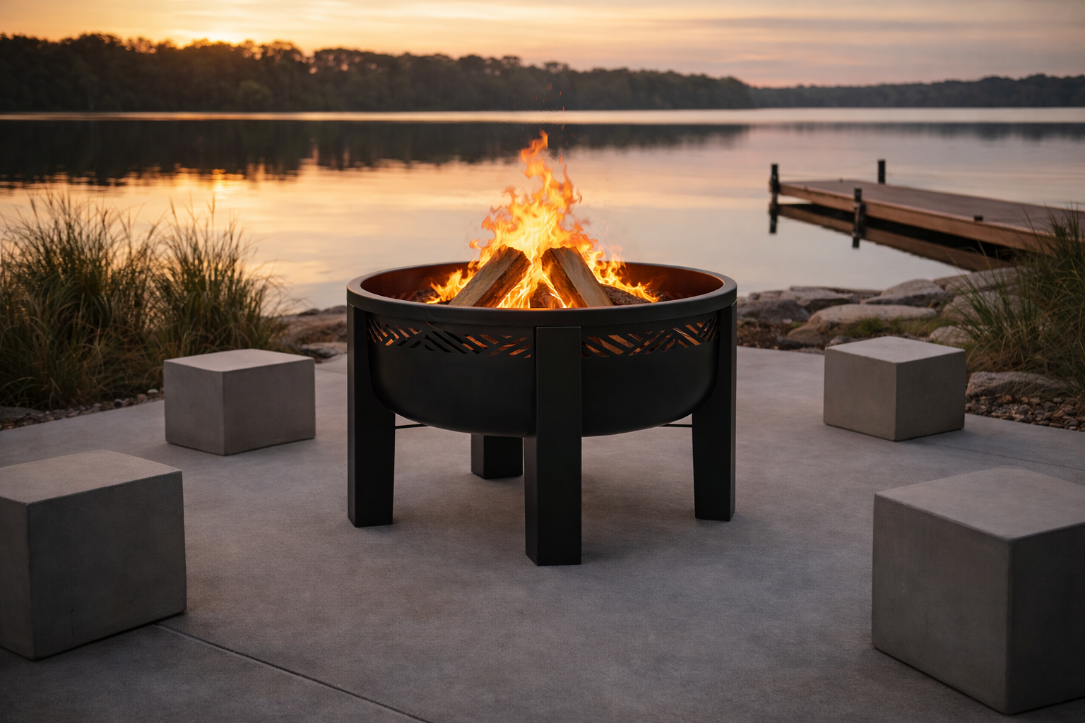Wood burning fire pit by a lake with a dock at sunset