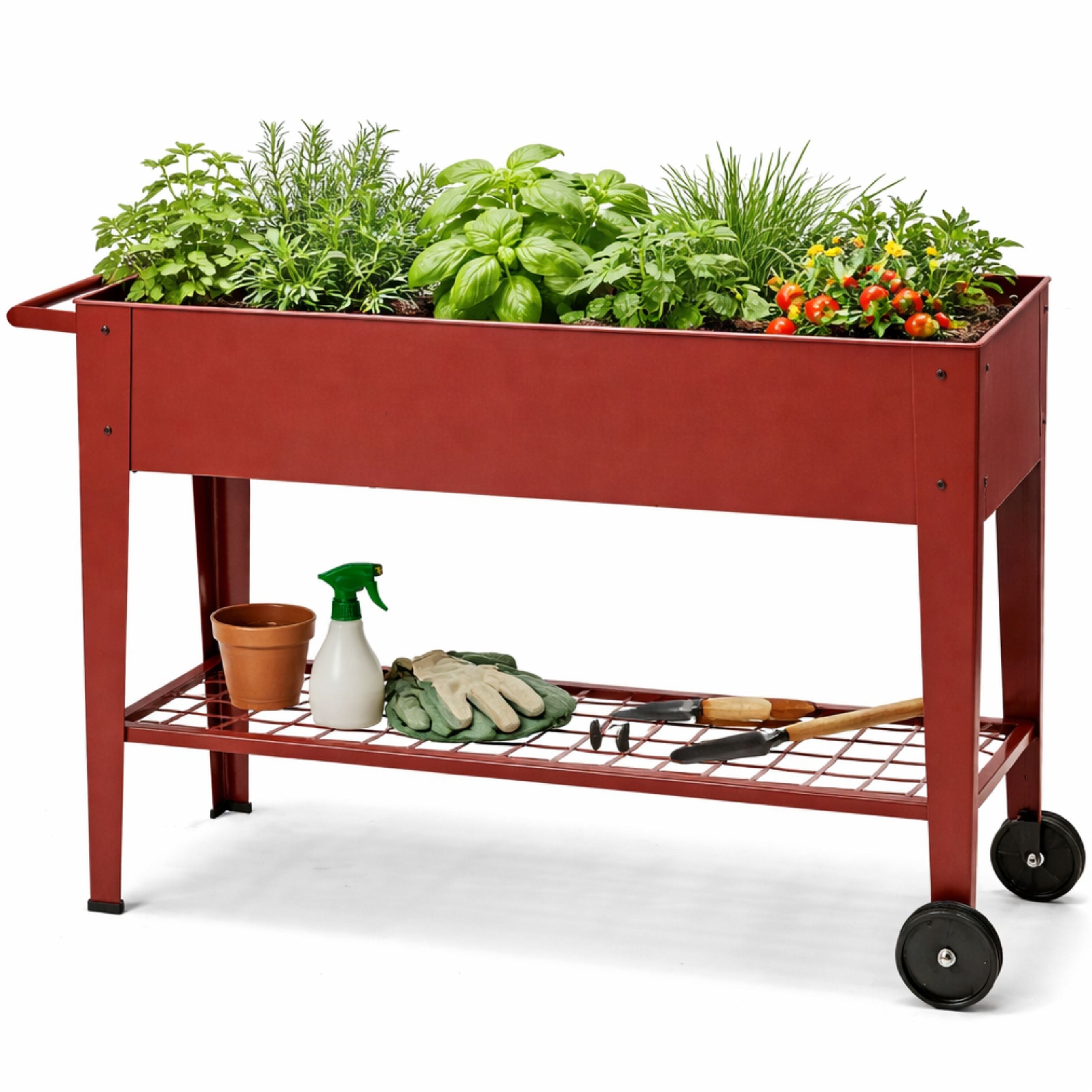Red metal gardening cart with plants, tools, and gloves on a white background