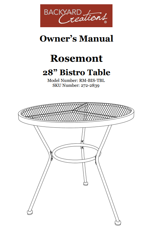 (RM-BIS-TBL) Rosemont & (MON-BIS) Monroe 28" Bistro Table Replacement Parts