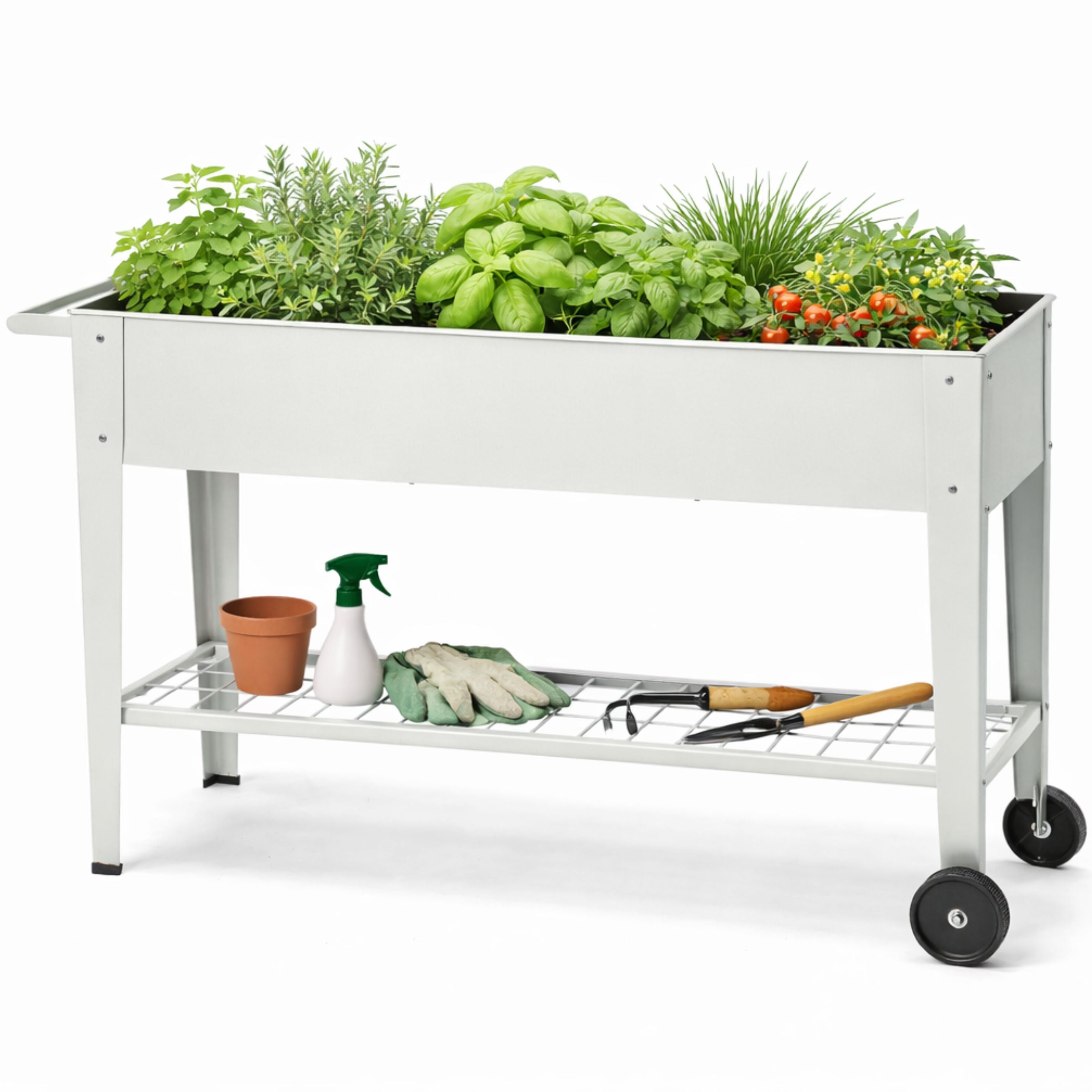 Gardening cart with plants, tools, and supplies on a white background